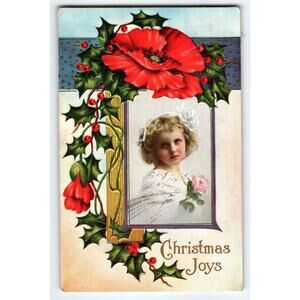1912 Vintage Christmas Postcard with Girl Portrait & Holly Embossing
